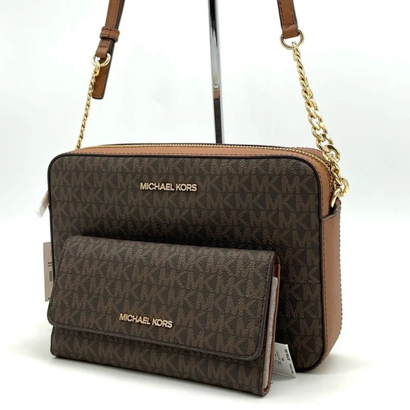 Michael Kors Large EW Crossbody Bag & Large Trifold Wallet Brown/ Gold - Picture 1 of 13